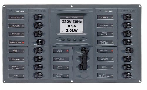 BEP Marine AC Circuit Breaker Panel with Digital Meters, 16SP 2DP AC120V ACSM Stainless Steel Horizontal